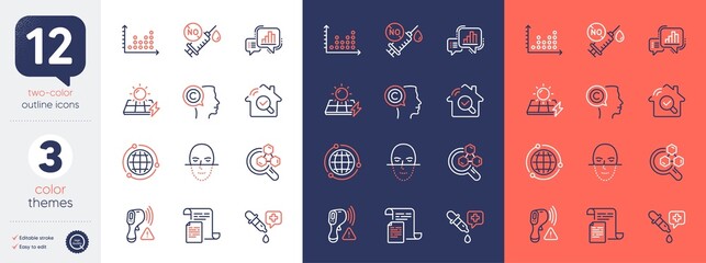 Set of Solar panels, Globe and Electronic thermometer line icons. Include Dot plot, Face recognition, Chemistry lab icons. Graph chart, Inspect, Coronavirus vaccine web elements. Vector