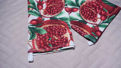 Pattern with tropical fruits. Healthy pomegranate pomegranate fruit closeup, red and ripe pomegranate with juicy grains