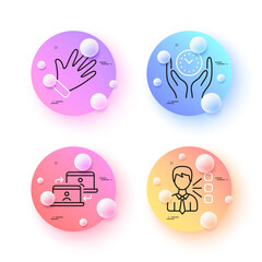 Hand, Third party and Safe time minimal line icons. 3d spheres or balls buttons. Outsource work icons. For web, application, printing. Waving palm, Team leader, Management. Remote job. Vector