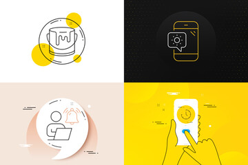 Minimal set of Paint, User notification and Time line icons. Phone screen, Quote banners. Weather phone icons. For web development. Tin of dye, Work notice, Clock. Travel device. Vector
