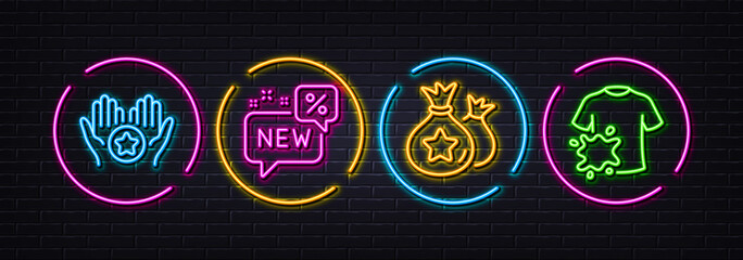 Loyalty points, Favorite and New minimal line icons. Neon laser 3d lights. Dirty t-shirt icons. For web, application, printing. Money bags, Best rating, Discount. Laundry shirt. Vector
