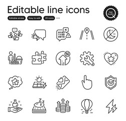 Set of Business outline icons. Contains icons as Binary code, Insomnia and Solar panels elements. Customisation, Road, Ranking stars web signs. 5g upload, Megaphone, Puzzle elements. Vector