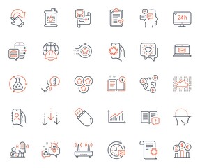 Technology icons set. Included icon as Video conference, Metro map and Approved checklist web elements. Timer, Covid app, Technical documentation icons. Wifi, Messages. Vector