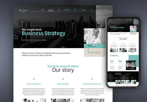Business Presentation Web Layout with Blue and Beige Accents