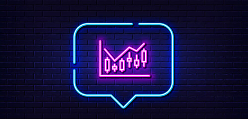 Neon light speech bubble. Candlestick chart line icon. Financial graph sign. Stock exchange symbol. Business investment. Neon light background. Financial diagram glow line. Brick wall banner. Vector