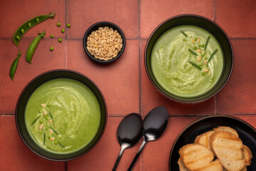Food photography of pea soup, cream, puree, vegetable