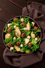 Keto Salad, pear with blue cheese and walnut, selective focus, no people, close-up,
