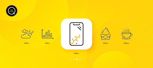 Fototapeta na wymiar Windy weather, Ice cream and Coffee cup minimal line icons. Yellow abstract background. Diagram graph, Smartphone broken icons. For web, application, printing. Vector