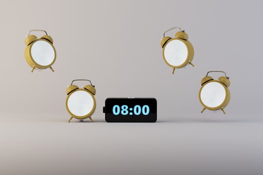 modern technologies. an electronic alarm clock in black is wound up at 8:00 around which old alarm clocks are on a white background. 8:00 is illuminated with a blue neon light. 3d render.