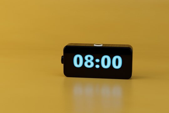 electronic alarm clock. set alarm clock in the morning. black electronic alarm clock with the inscription 08:00 illuminated in blue neon light on a yellow background. 3d render. 3d illustration