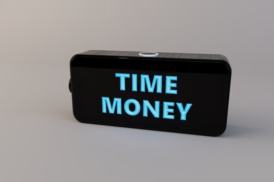 electronic alarm clock. set alarm clock in the morning. black electronic alarm clock with the inscription money time illuminated in blue neon light on a white background. 3d render. 3d illustration