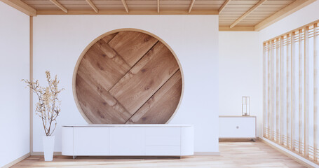 Cabinet wooden japanese design on living room minimalist empty wall background.3D rendering