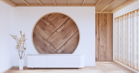 Cabinet wooden japanese design on living room minimalist empty wall background.3D rendering © Interior Design