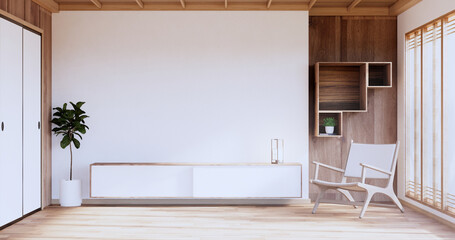 Cabinet wooden japanese design on living room minimalist empty wall background.3D rendering