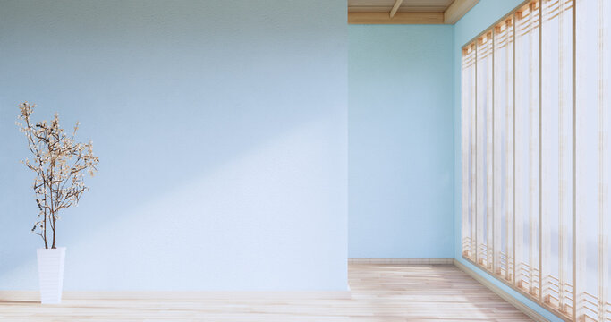 Empty room light blue on wooden floor interior design. 3D rendering