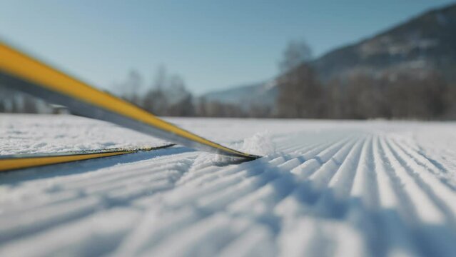 Low Angle Shot Of Yellow Skis On Snow