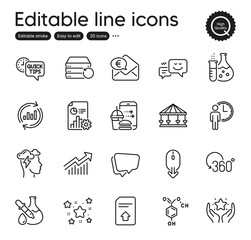 Set of Technology outline icons. Contains icons as Carousels, Chemistry flask and Ranking elements. Speech bubble, Upload file, Food order web signs. Chemical formula, Mindfulness stress. Vector