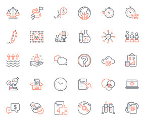 Education icons set. Included icon as Chemistry flask, Magistrates court and Timer web elements. Cloud computing, Journey, Binary code icons. Documents box, Justice scales. Vector