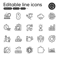 Set of Science outline icons. Contains icons as Quick tips, Fake internet and Graph chart elements. Report, Safe time, Swipe up web signs. Education, Globe, Stress grows elements. Vector