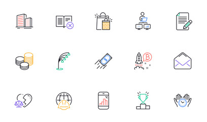Article, Floor lamp and Mail line icons for website, printing. Collection of Bitcoin project, Buildings, Graph phone icons. Winner podium, Work home, Reject book web elements. Vector