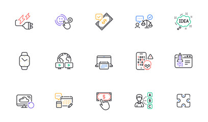 Account, Customer satisfaction and Smartwatch line icons for website, printing. Collection of Lawyer, Recovery cloud, Idea icons. Accepted payment, Puzzle, Opinion web elements. Vector