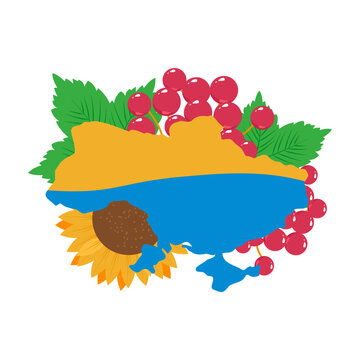 Map and flag of ukraine illustration Ukranian bouquet with poppy, sunflower and kalyna