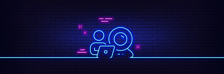 Neon light glow effect. Video conference line icon. Online training sign. Webcam presentation symbol. 3d line neon glow icon. Brick wall banner. Video conference outline. Vector