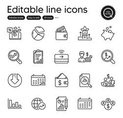 Set of Finance outline icons. Contains icons as Report document, Piggy bank and Analytics elements. Buying currency, Business growth, Budget accounting web signs. Calendar graph. Vector