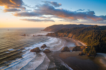 A colorful aerial view of a rugged beautiful shore in Oregon, USA.