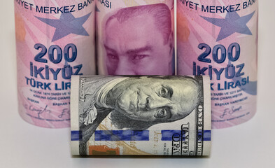 various country banknotes. photos of us dollar and turkish lira
