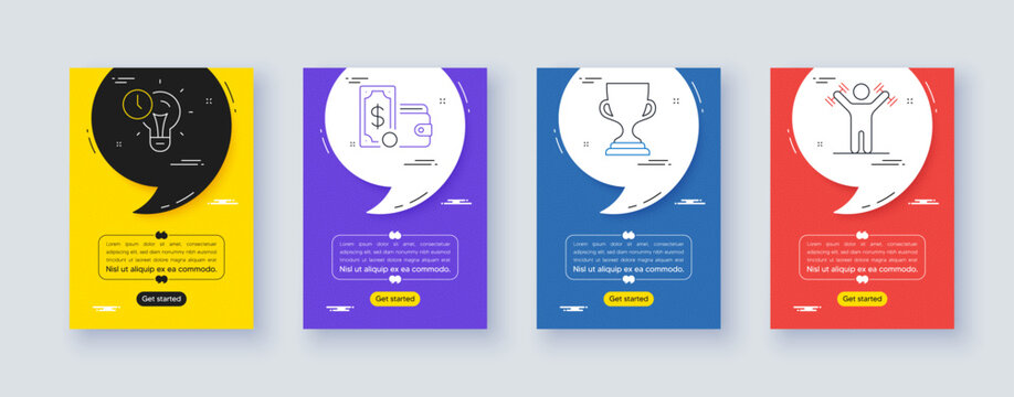 Set of Award cup, Wallet money and Time management line icons. Poster offer frame with quote, comma. Include Dumbbells workout icons. For web, application. Trophy, Usd bill, Idea lightbulb. Vector