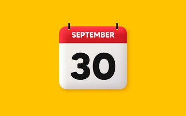 Calendar date 3d icon. 30th day of the month icon. Event schedule date. Meeting appointment time. Agenda plan, September month schedule 3d calendar and Time planner. 30th day day reminder. Vector