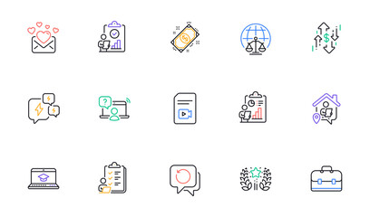 Checklist, Online question and Report line icons for website, printing. Collection of Love mail, Recovery data, Portfolio icons. Website education, Ranking, Video file web elements. Vector