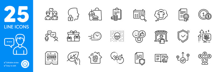 Outline icons set. Unlock system, Usd coins and Fingerprint access icons. Consulting business, Data security, Stress grows web elements. Delivery market, Like, Surprise boxes signs. Vector