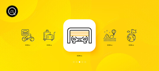 Fototapeta na wymiar Roller coaster, Destination flag and Luggage trolley minimal line icons. Yellow abstract background. Food delivery, Parking garage icons. For web, application, printing. Vector