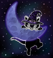 Happy halloween baclground,  black moon kitten, vector illustration