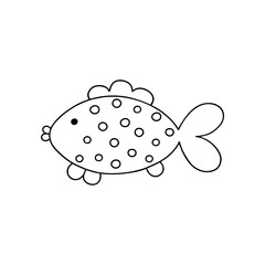 Cute fish sea or river creature outline simple doodle vector illustration, marine life clipart, coloring page, leisure activity for kids