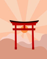 Torii gate with rising sun and mountains on the background landscape vector illustration, traditional Japanese religious and cultural symbol, tourist attraction, image for poster, background
