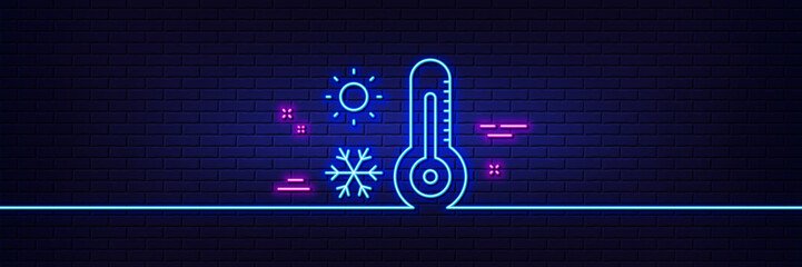 Neon light glow effect. Weather thermometer line icon. Winter snowflake, sun sign. Temperature symbol. 3d line neon glow icon. Brick wall banner. Weather thermometer outline. Vector