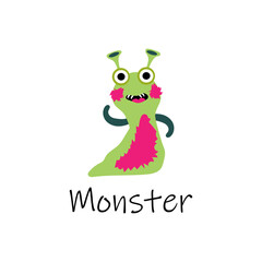 Cute green cartoon monster with red cheeks. Kind monster with sharp teeth. Green crawling alien. Fly-style monster with a white isolated background. Illustration for children's textiles.