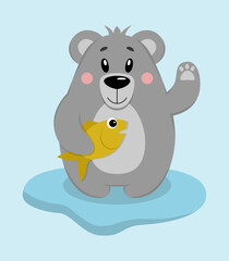 Polar bear with gold fish cartoon vector illustration.