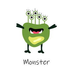 Cute cartoon monster with lots of eyes. Cool green alien. Illustration with the inscription monster. Flat mutant. Print for textiles, children's illustration. White isolated background.
