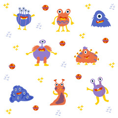 Cute cartoon monsters. Cartoon aliens in flat style. Space theme seamless pattern with aliens and monsters. Hand drawn illustration with colorful cartoon aliens pattern on white background for textile