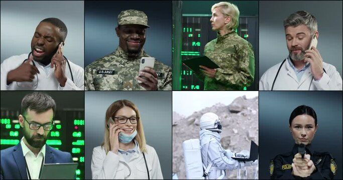 Collage compilation. Many mixed-race people of different professions with gadgets. Technology. Doctor arguing on mobile phone. Soldier texting on smartphone. Military woman in data controlling room