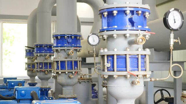 Heavy industry. Chemical refinery factory inside view. Modern equipment, steel tanks and boilers with cables, pipelines and valves for chemical mixing. Production of formalin. oil industry. 4 k video