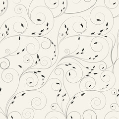Swirl with leaves vector floral pattern. Monochrome background with curly lines. 