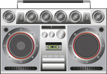 Vintage boombox station with cassette tape recorder and radio. Old audio equipment vector illustration. 