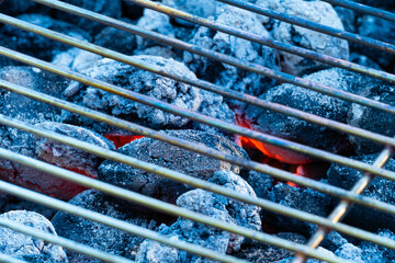 embers freshly lit wood briquettes prepared for barbecuing