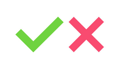 Vector green OK and red X button set isolated on background. Symbols YES and NO for decision making, vote, mobile app, web site. Checkmark sign. Right and wrong check mark sign 10 eps