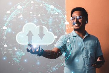 Cloud concept. Businessman showing online business technology system. Communication touches a global network and customer data connection. digital marketing
